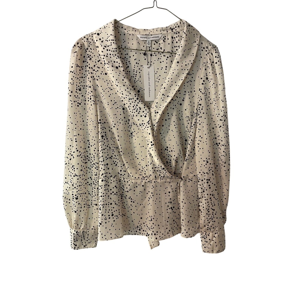 Cupcakes and Cashmere Women's Cream Black Polka Dot Wrap Shirt Size M